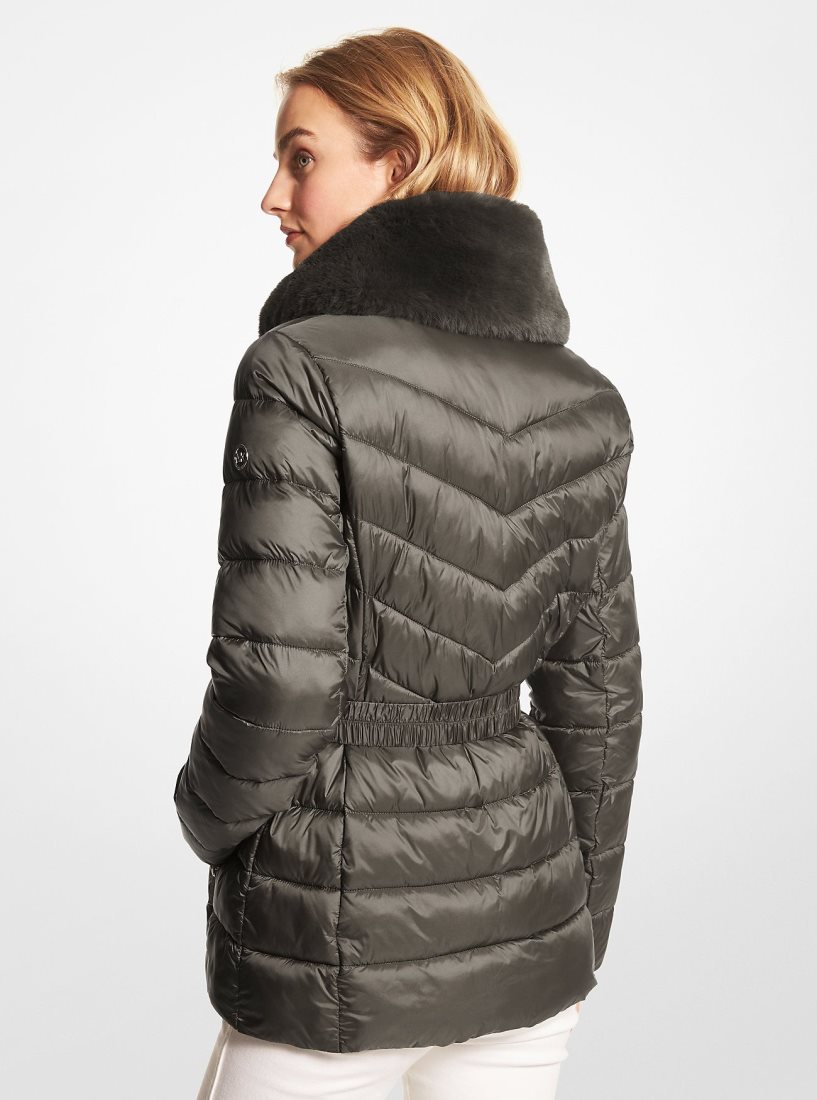 Michael Kors Faux Fur Trim Quilted Nylon Packable Puffer Jacket Mont Kadın Zeytin Yeşili | 765028-JKI