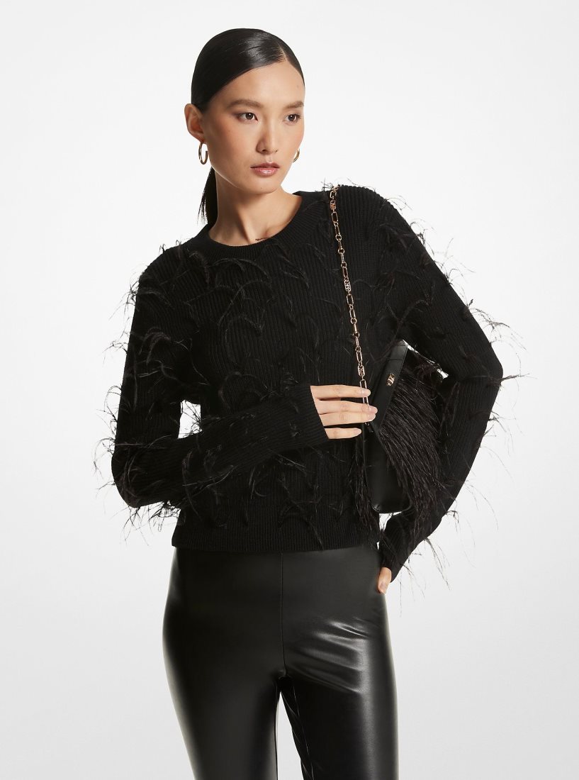 Michael Kors Feather Embellished Merino Wool Blend Cropped Sweater Kazak Kadın Siyah | 160942-UEJ