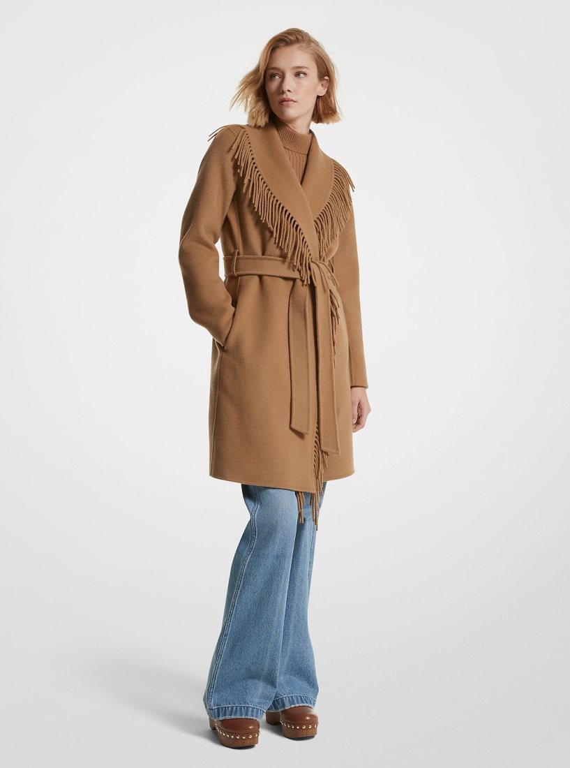 Michael Kors Fringe Wool Blend Belted Coat Mont Kadın Koyu Kahverengi | 276093-EQC