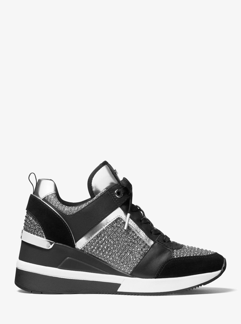 Michael Kors Georgie Leather and Glitter Chain-Mesh Trainer Spor Ayakkabı Kadın Koyu Gri | 145680-PRI