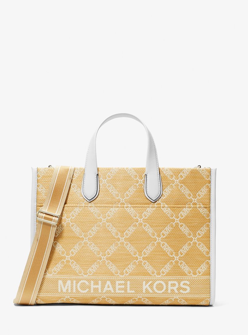 Michael Kors Gigi Large Empire Logo Jacquard Straw Tote Bag Totes Kadın Nat/Opticwht | 056137-PHV