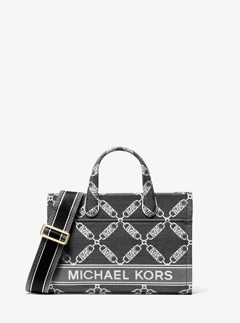 Michael Kors Gigi Small Empire Logo Jacquard Messenger Bag Çapraz Çanta Kadın Siyah Beyaz | 081329-VIP