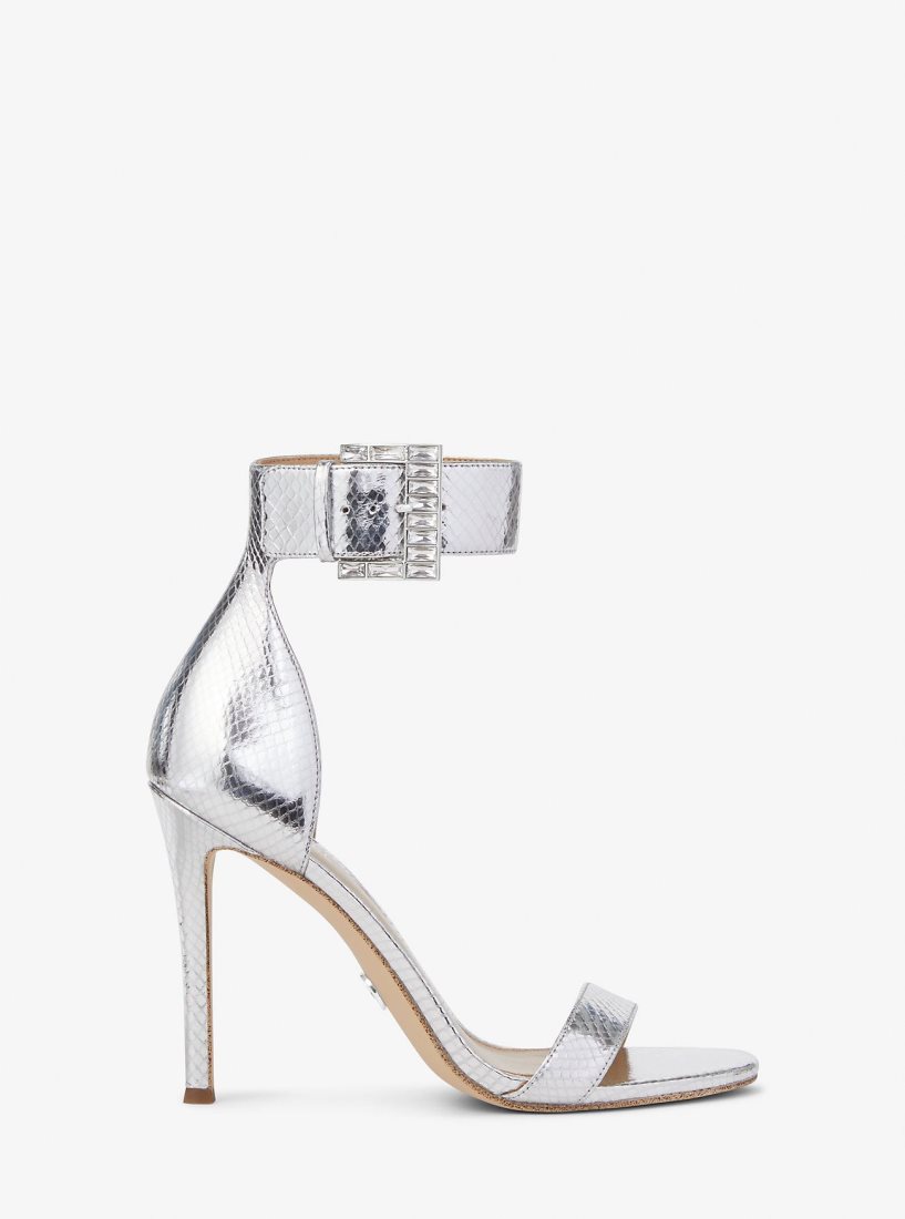 Michael Kors Giselle Metallic Snake Embossed Leather Sandal Sandalet Kadın Gümüş | 674153-QEV