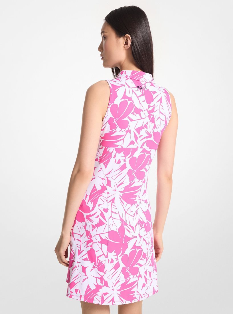 Michael Kors Golf Palm Print Stretch Knit Zip-Up Polo Dress Elbise Kadın Pembe | 485231-HCJ