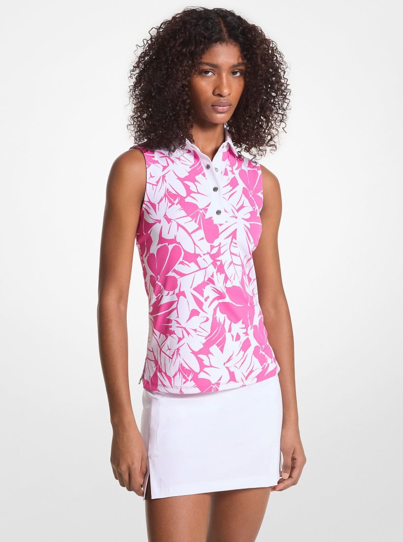 Michael Kors Golf Palm Print Tech Performance Sleeveless Polo Shirt Tişört Kadın Pembe | 267039-LHZ