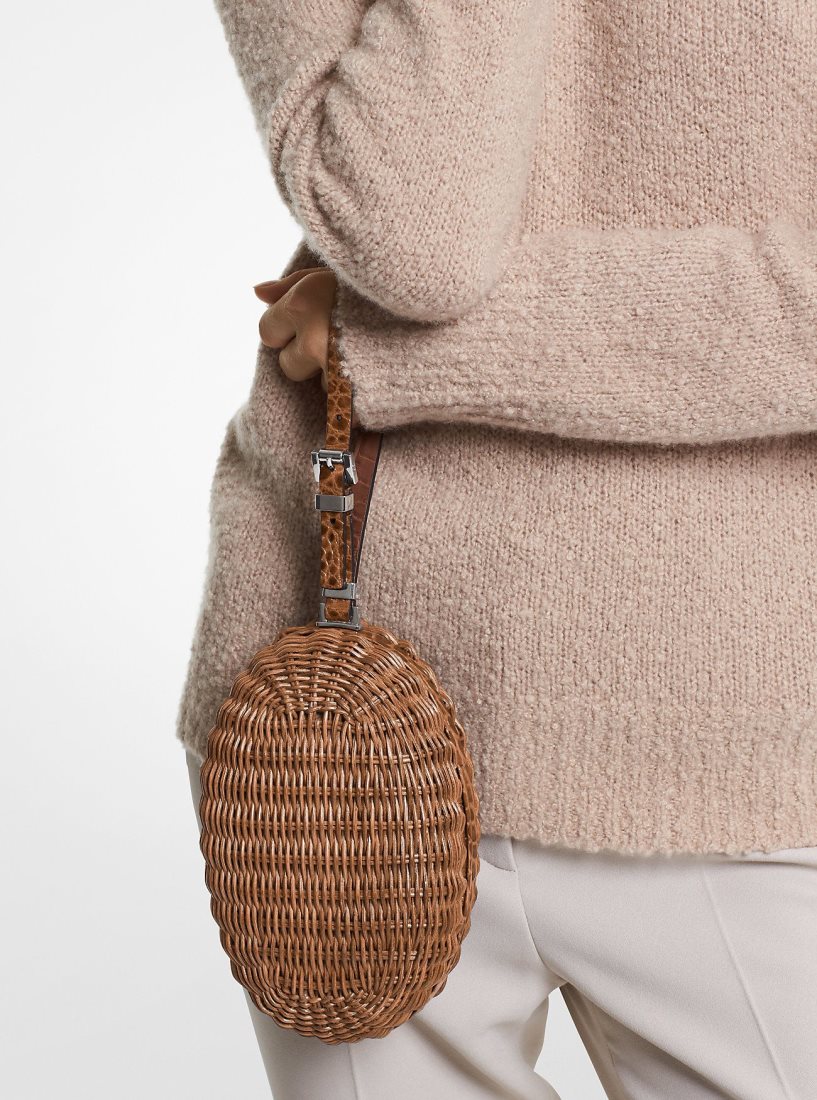 Michael Kors Gramercy Rattan and Crocodile Embossed Leather Minaudiere Debriyaj Çanta Kadın Kahverengi | 719240-UHZ