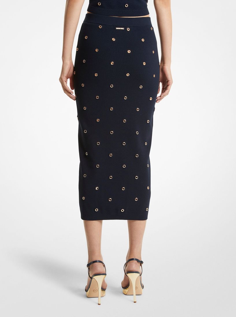 Michael Kors Grommet-Embellished Stretch Knit Pencil Skirt Etek Kadın Mavi Altın | 598173-HEB