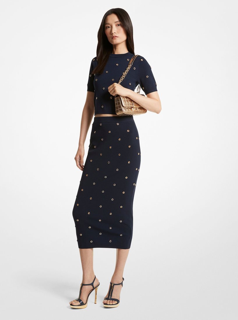 Michael Kors Grommet-Embellished Stretch Knit Pencil Skirt Etek Kadın Mavi Altın | 598173-HEB