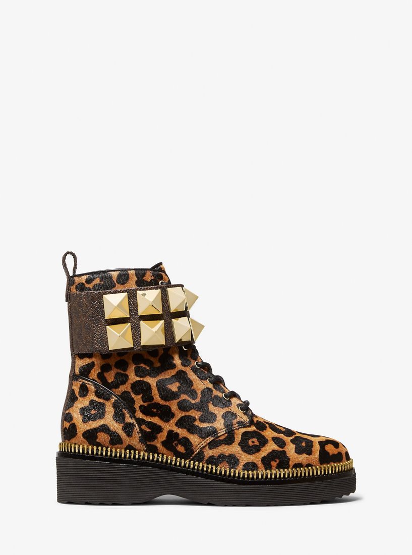 Michael Kors Haskell Studded Printed Calf Hair Combat Boot Bot Kadın Butterscotch | 390782-PVE