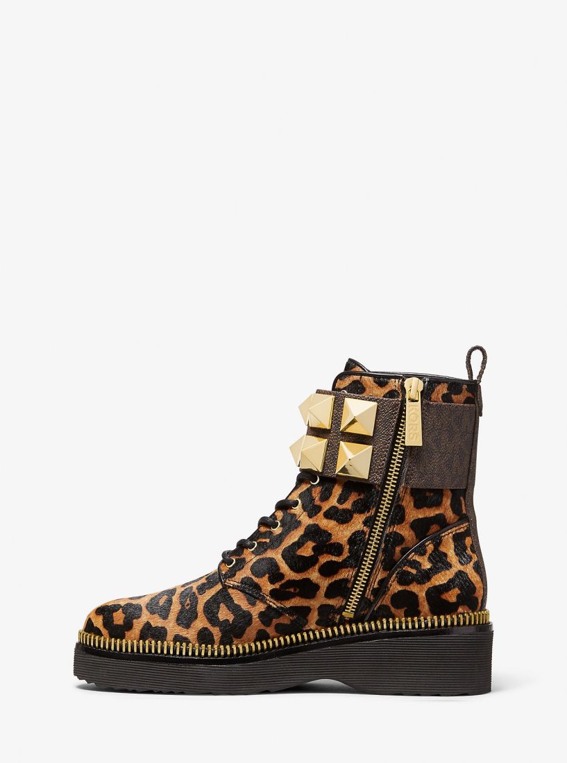 Michael Kors Haskell Studded Printed Calf Hair Combat Boot Bot Kadın Butterscotch | 390782-PVE