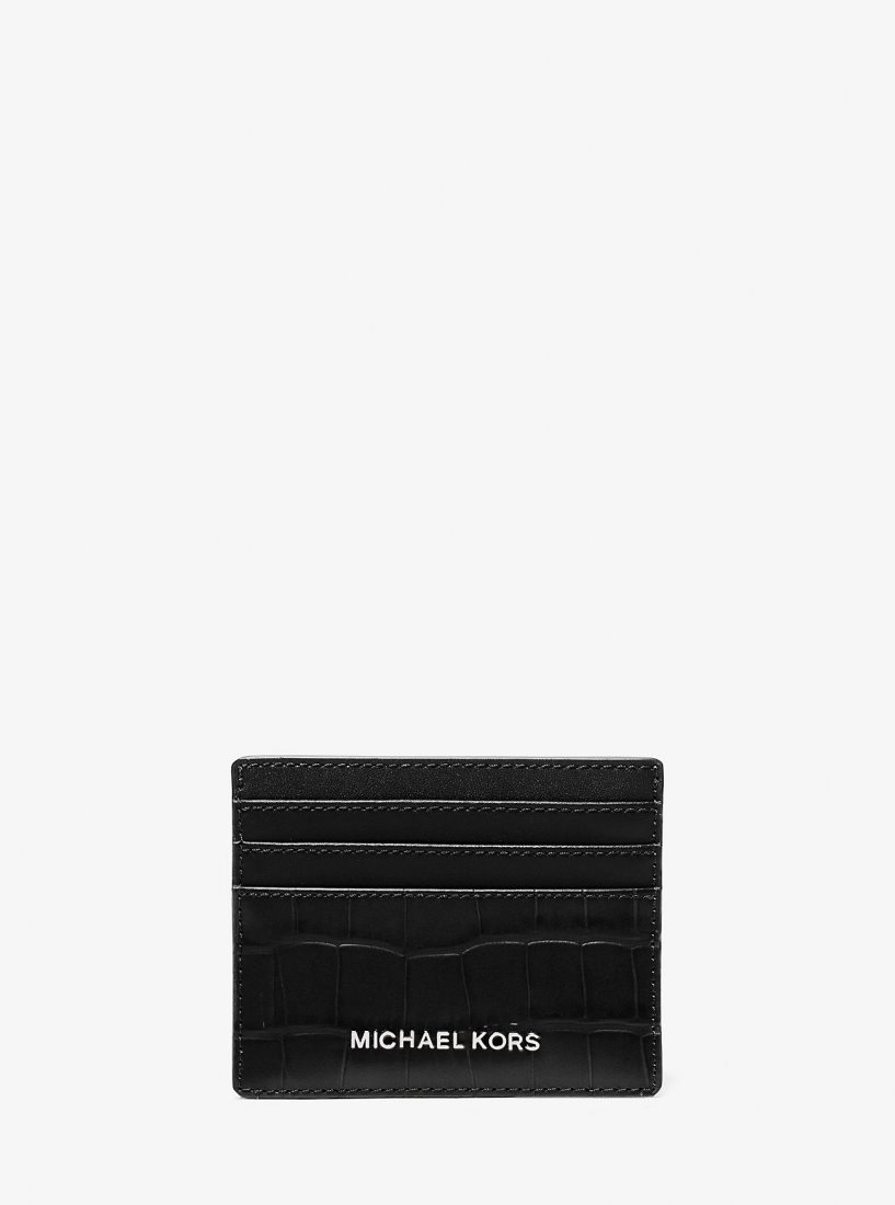 Michael Kors Hudson Crocodile Embossed Leather Tall Card Case Kart Kılıfı Erkek Siyah | 086241-RHB