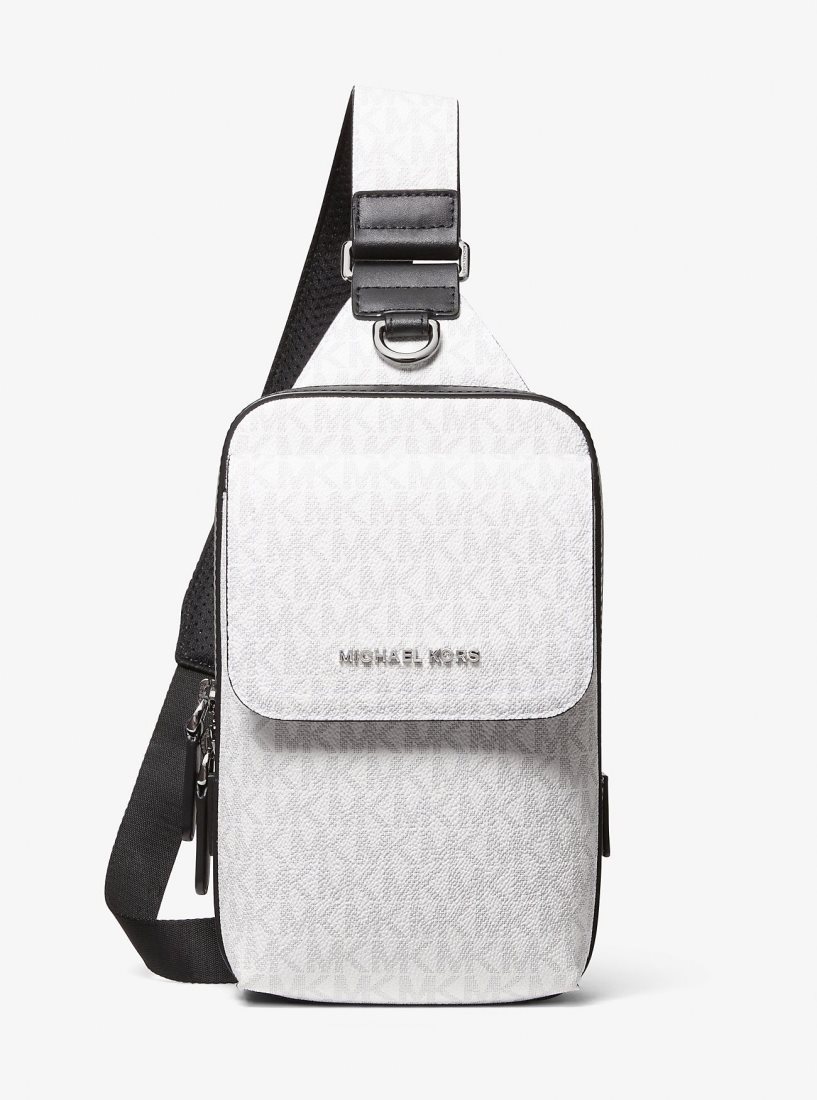 Michael Kors Hudson Signature Logo Sling Pack Çapraz Çanta Erkek Bright Wht | 758492-CWL