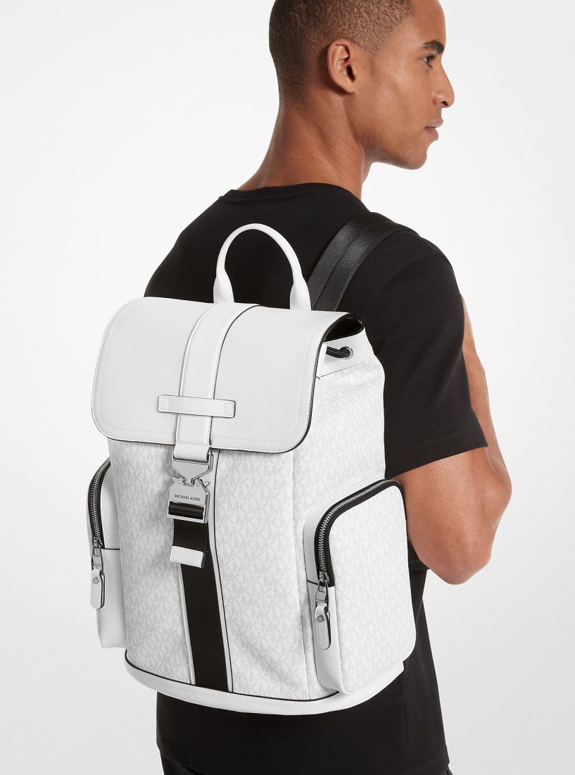 Michael Kors Hudson Signature Logo and Leather Cargo Backpack Sırt Çantası Erkek Bright Wht | 981067-VOI