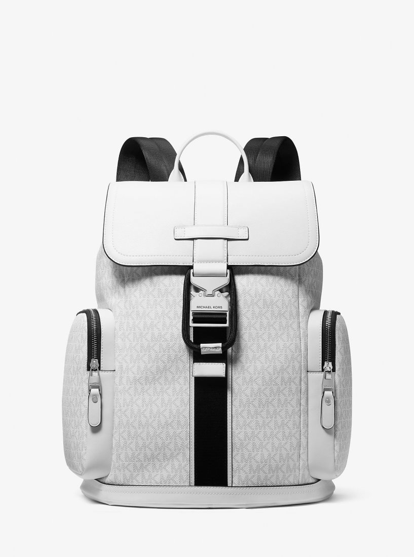 Michael Kors Hudson Signature Logo and Leather Cargo Backpack Sırt Çantası Erkek Bright Wht | 981067-VOI