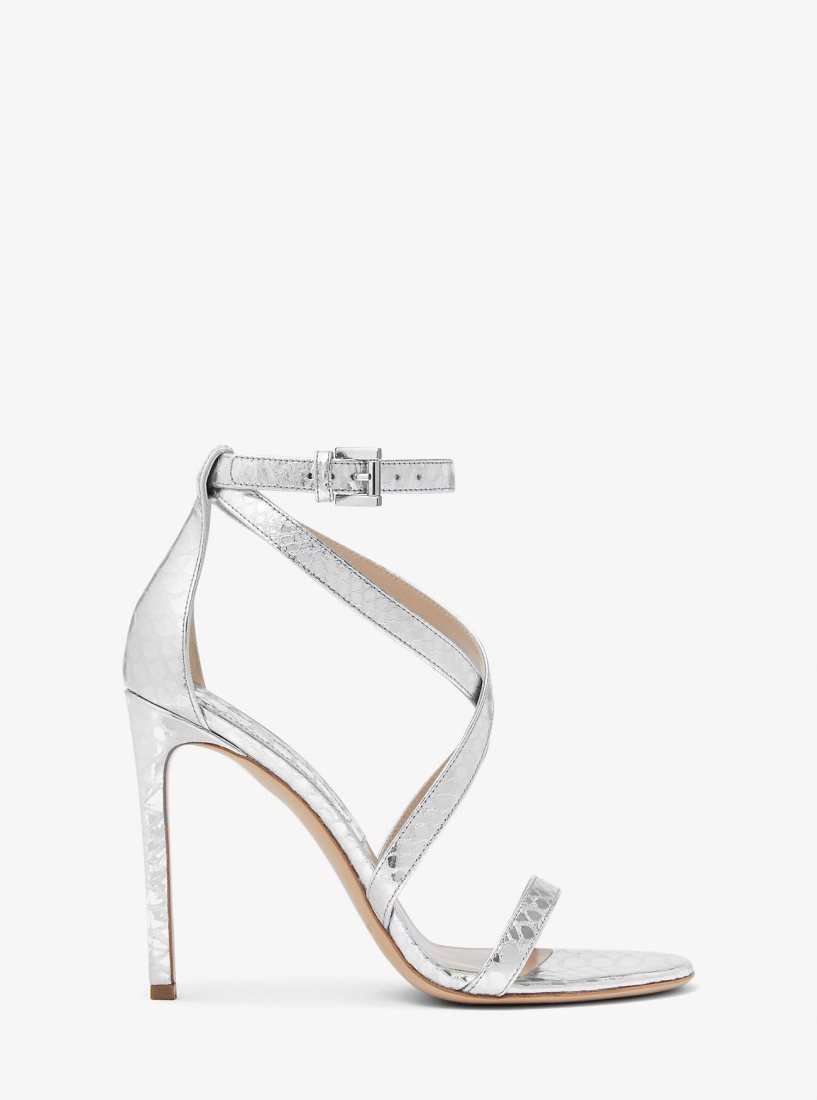 Michael Kors Ingrid Metallic Python Embossed Leather Sandal Sandalet Kadın Gümüş | 387615-LJZ