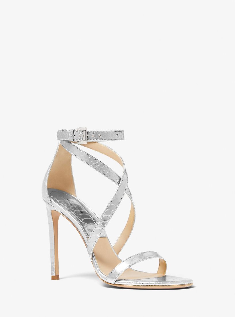 Michael Kors Ingrid Metallic Python Embossed Leather Sandal Sandalet Kadın Gümüş | 387615-LJZ