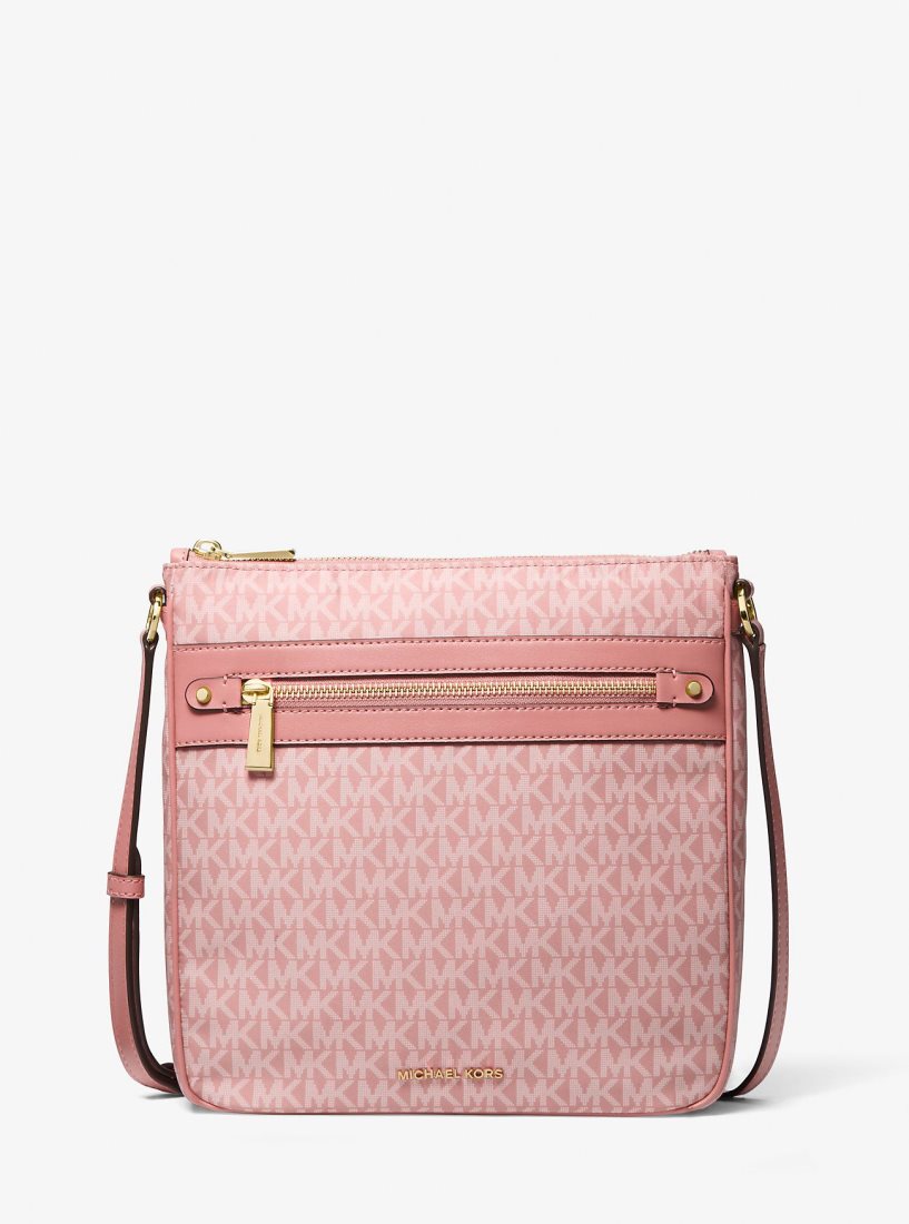 Michael Kors Jet Set Large Signature Logo Print Woven Crossbody Bag Çapraz Çanta Kadın Pembe | 528176-NAV