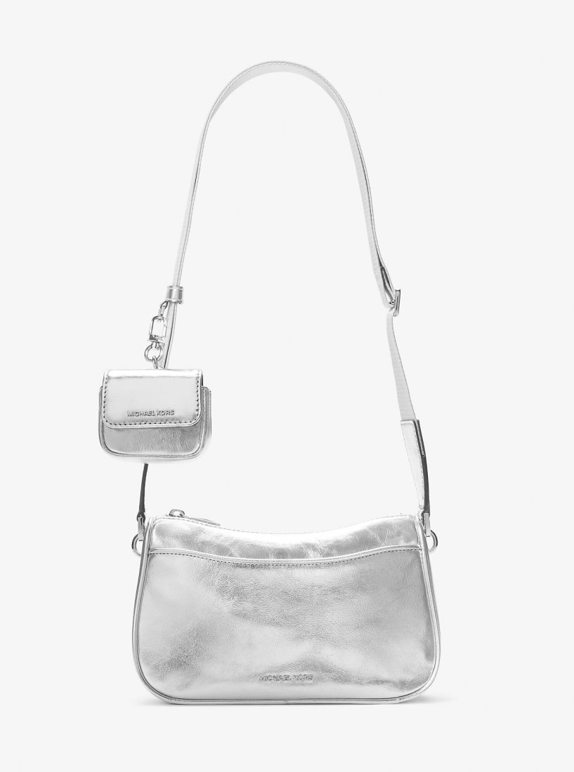 Michael Kors Jet Set Medium Metallic Leather Crossbody Bag with Case for Apple AirPods Pro Çapraz Çanta Kadın Gümüş | 793684-AQL