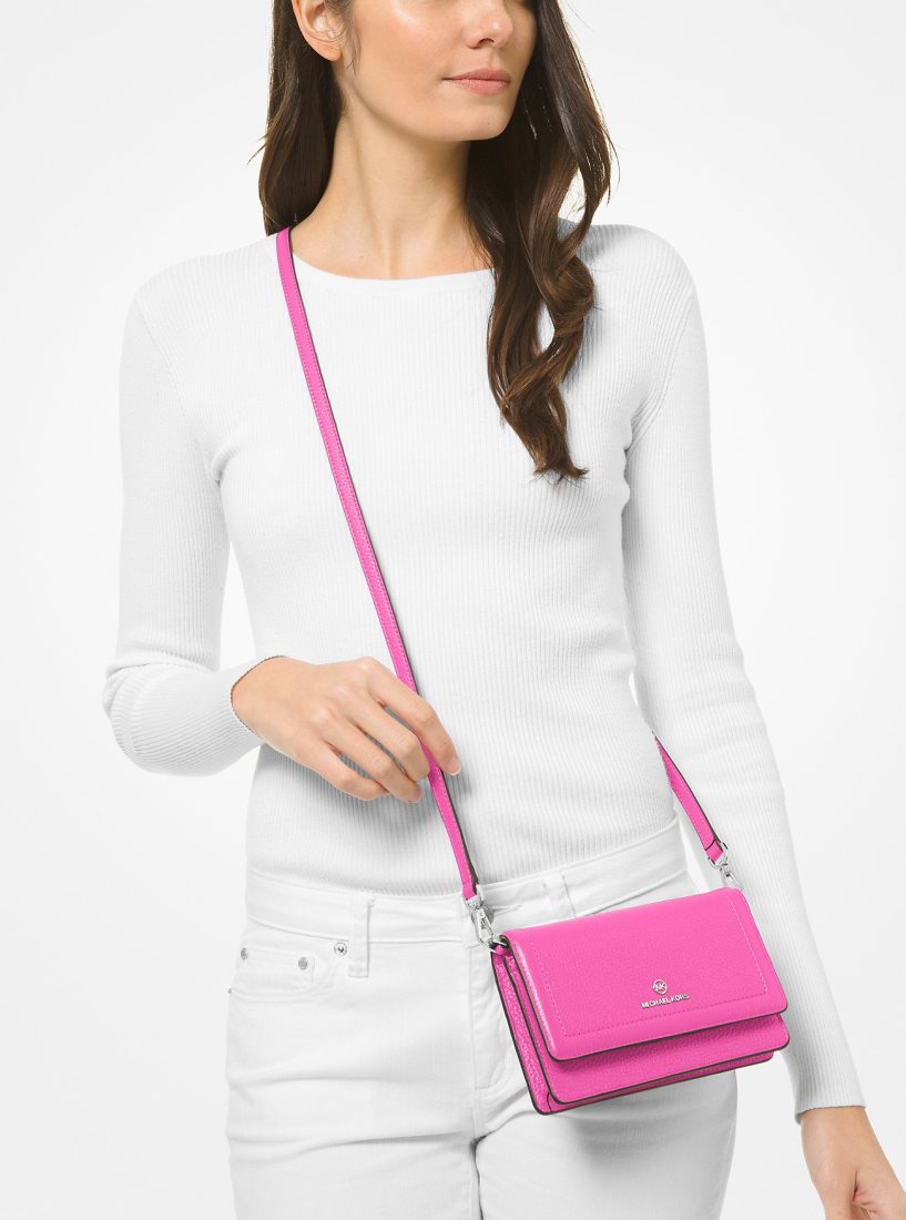 Michael Kors Jet Set Small Pebbled Leather Smartphone Convertible Crossbody Bag Çapraz Çanta Kadın Pembe | 741982-HYI