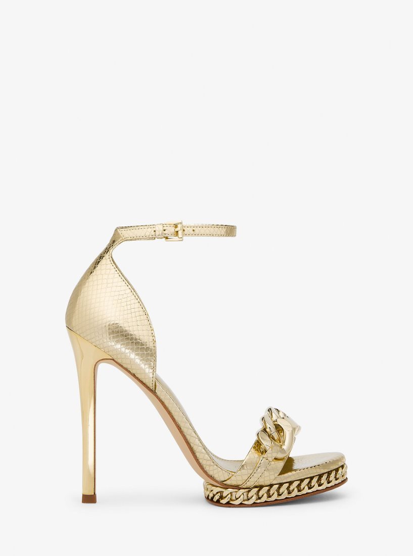 Michael Kors Jordyn Embellished Metallic Snake Embossed Leather Platform Sandal Sandalet Kadın Altın | 367429-TZJ