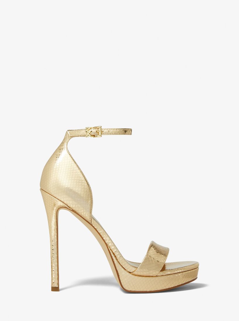 Michael Kors Jordyn Metallic Snake Embossed Leather Platform Sandal Sandalet Kadın Altın | 746239-JAN