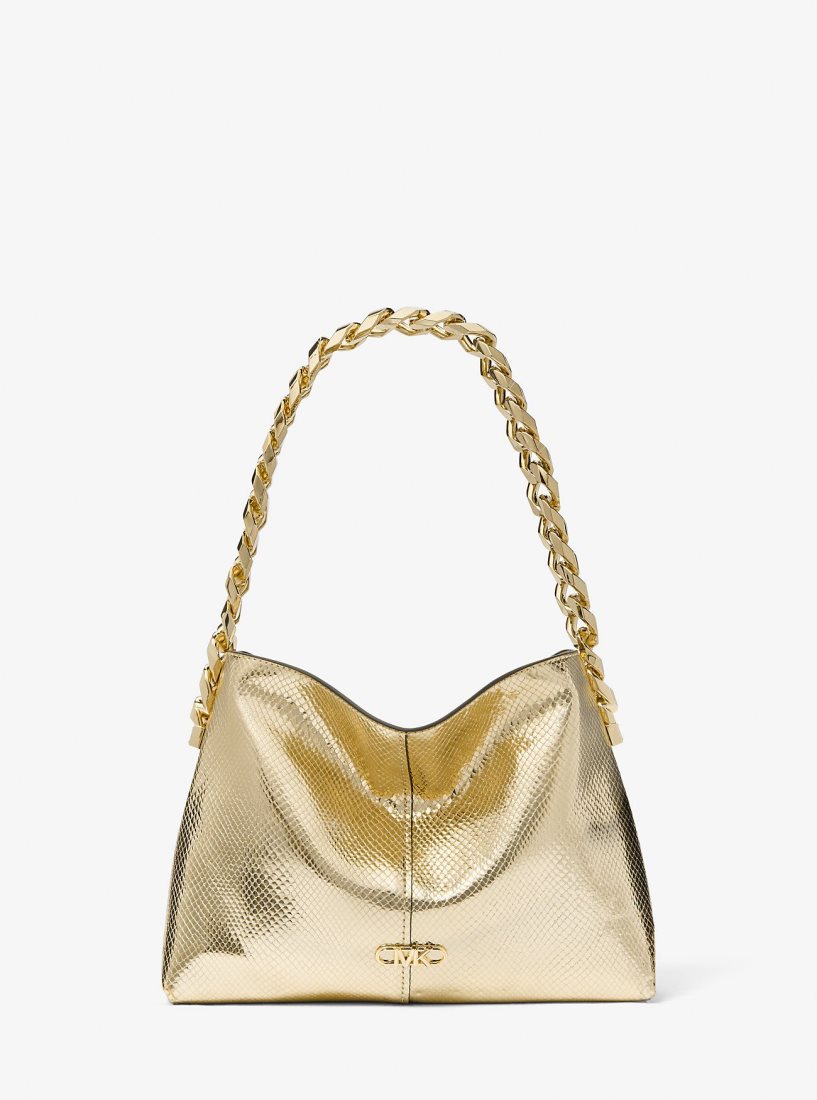 Michael Kors Jordyn Small Metallic Snake Embossed Leather Shoulder Bag Omuz Çantası Kadın Altın | 436092-YXP