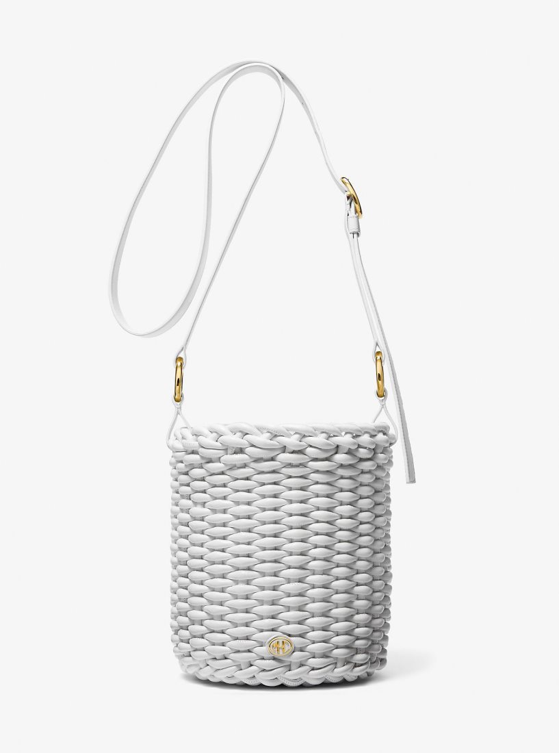 Michael Kors Julie Large Woven Leather Bucket Bag Satchel Çanta Kadın Beyaz | 560128-HCX