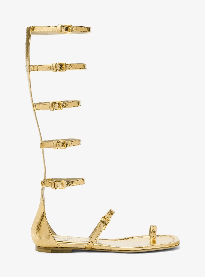 Michael Kors Juliette Metallic Python Embossed Leather Gladiator Sandal Düz Ayakkabı Kadın Altın | 630971-TJB