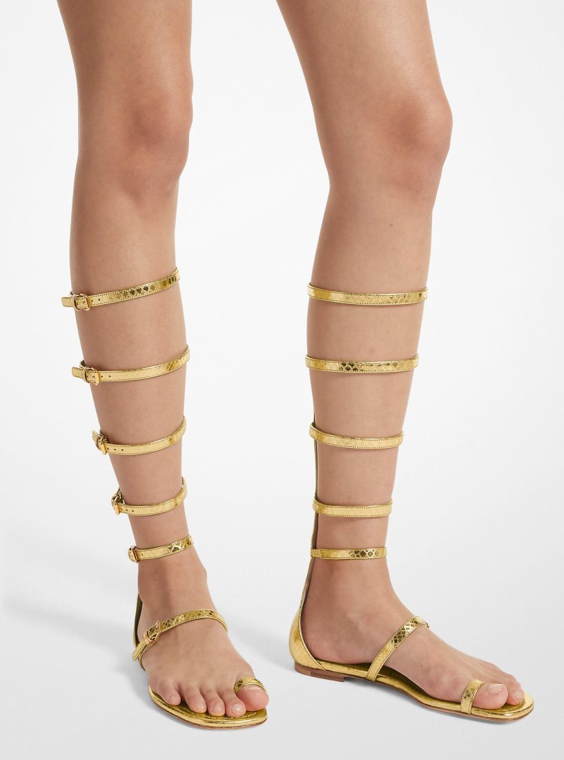 Michael Kors Juliette Metallic Python Embossed Leather Gladiator Sandal Düz Ayakkabı Kadın Altın | 630971-TJB