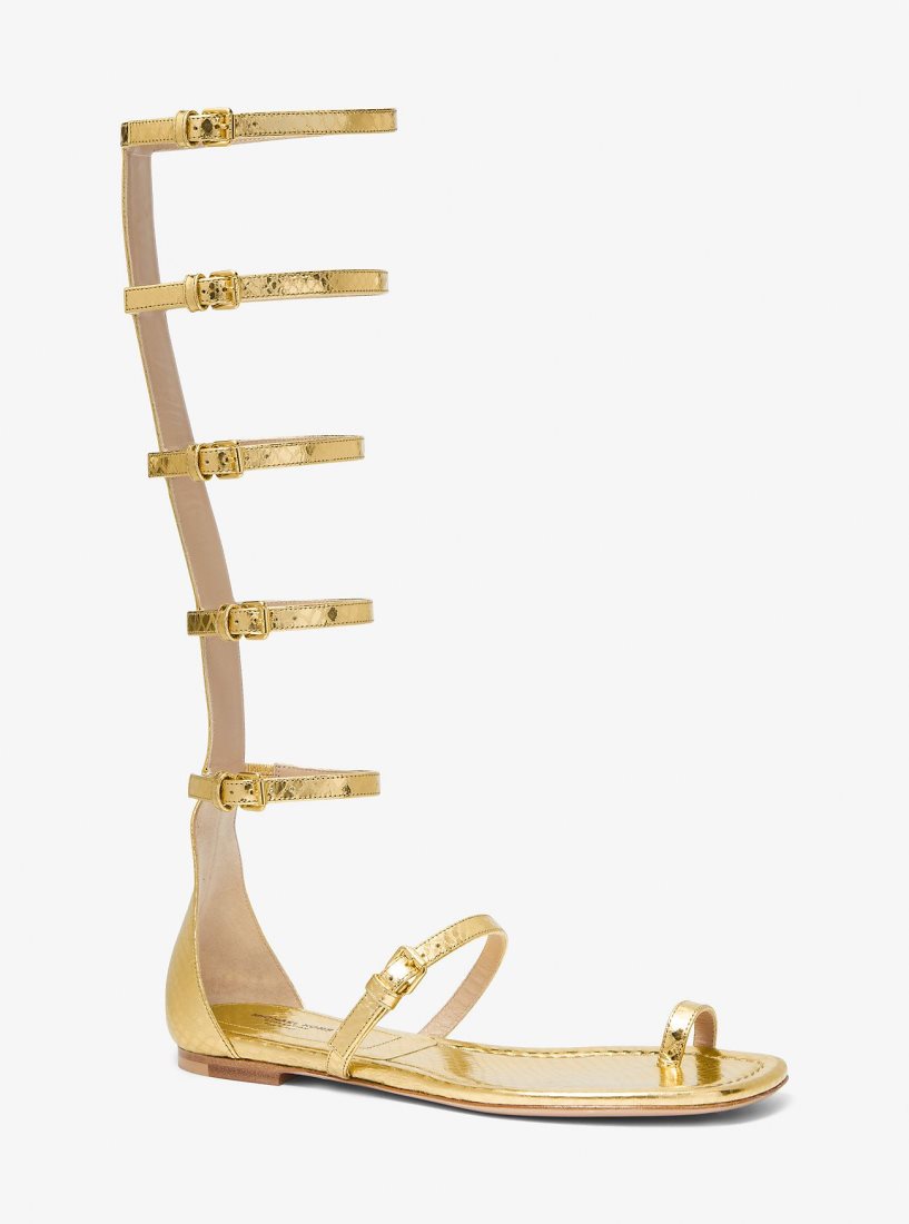 Michael Kors Juliette Metallic Python Embossed Leather Gladiator Sandal Düz Ayakkabı Kadın Altın | 630971-TJB