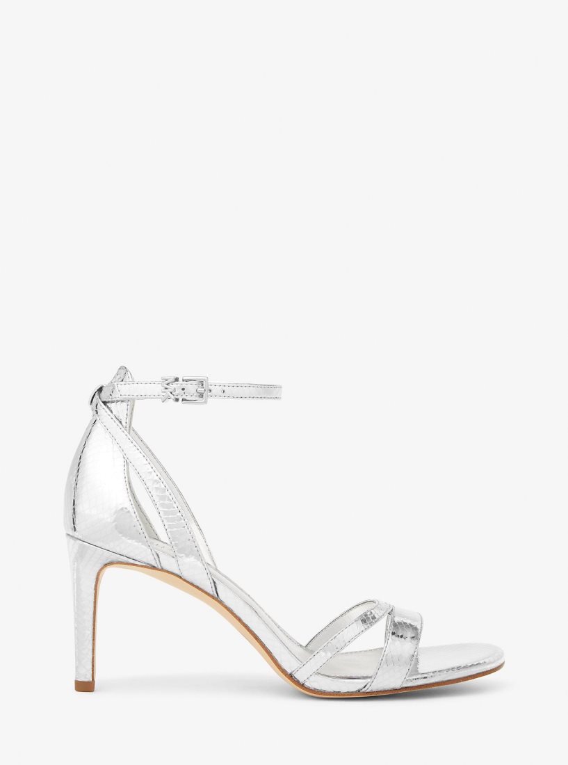 Michael Kors Kimberly Metallic Snake Embossed Leather Sandal Sandalet Kadın Gümüş | 604851-BJP