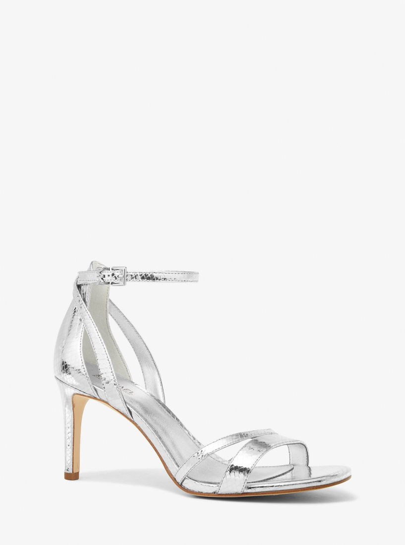 Michael Kors Kimberly Metallic Snake Embossed Leather Sandal Sandalet Kadın Gümüş | 604851-BJP