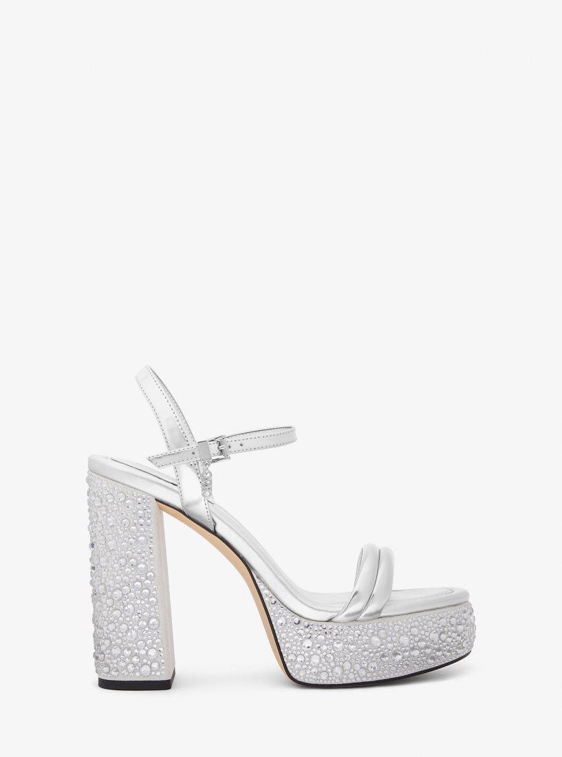 Michael Kors Laci Embellished Metallic Leather Platform Sandal Platform Ayakkabı Kadın Gümüş | 458172-BHI