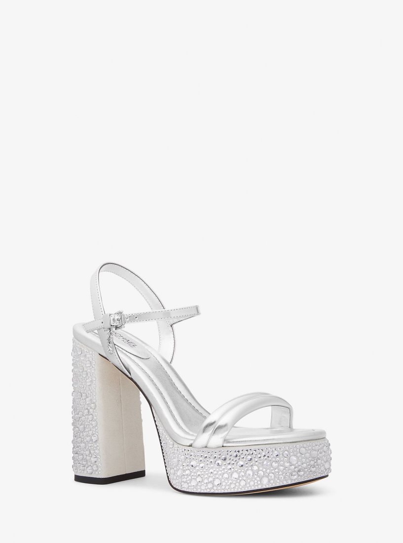 Michael Kors Laci Embellished Metallic Leather Platform Sandal Platform Ayakkabı Kadın Gümüş | 458172-BHI