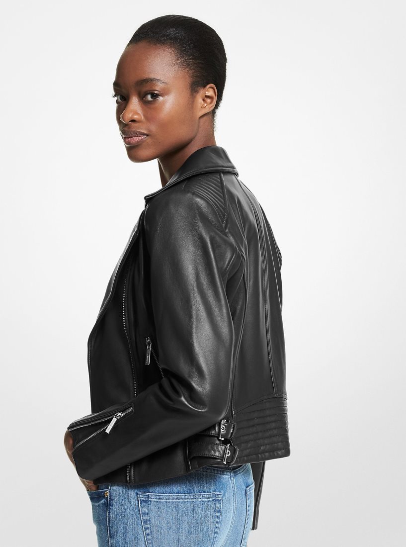 Michael Kors Leather Moto Jacket Mont Kadın Siyah | 769581-OJQ