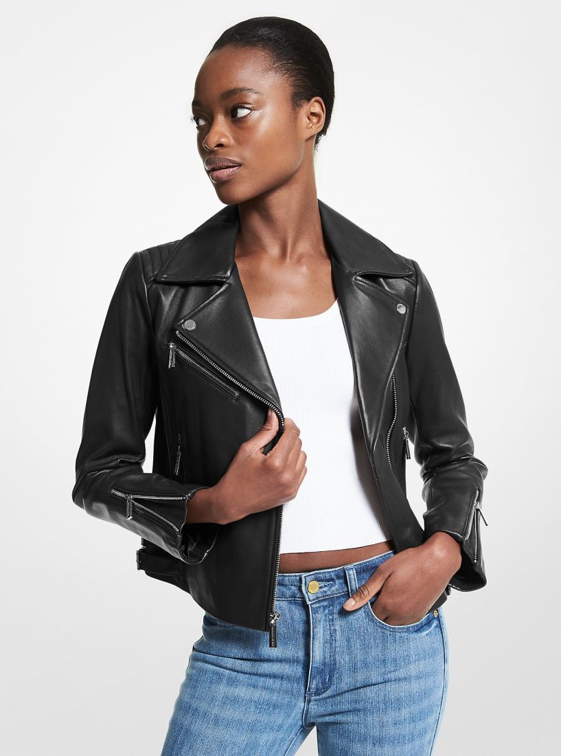 Michael Kors Leather Moto Jacket Mont Kadın Siyah | 769581-OJQ