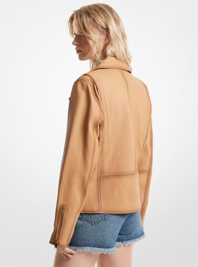 Michael Kors Leather Moto Jacket Mont Kadın Pale Peanut | 273186-DRX