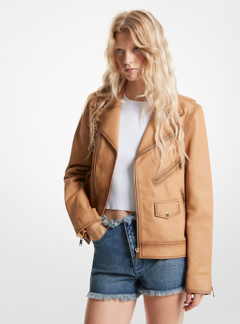 Michael Kors Leather Moto Jacket Mont Kadın Pale Peanut | 273186-DRX