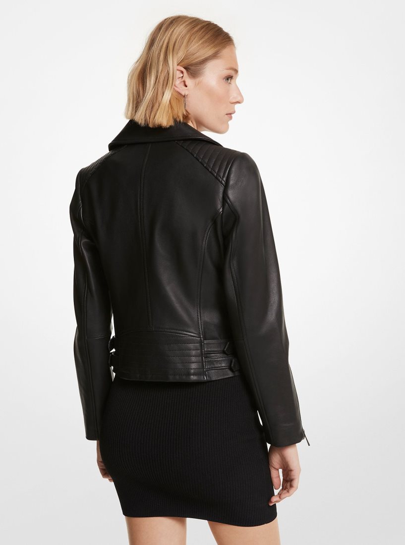 Michael Kors Leather Moto Jacket Mont Kadın Siyah | 479805-SBH