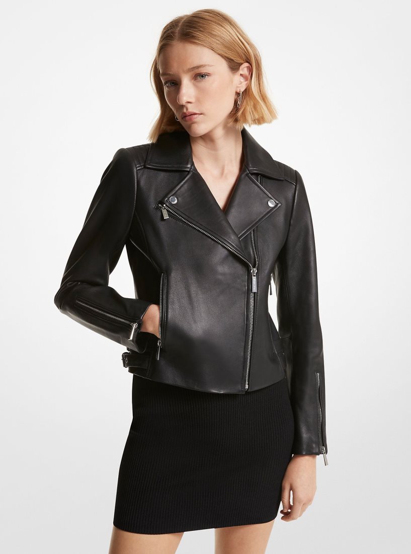 Michael Kors Leather Moto Jacket Mont Kadın Siyah | 479805-SBH