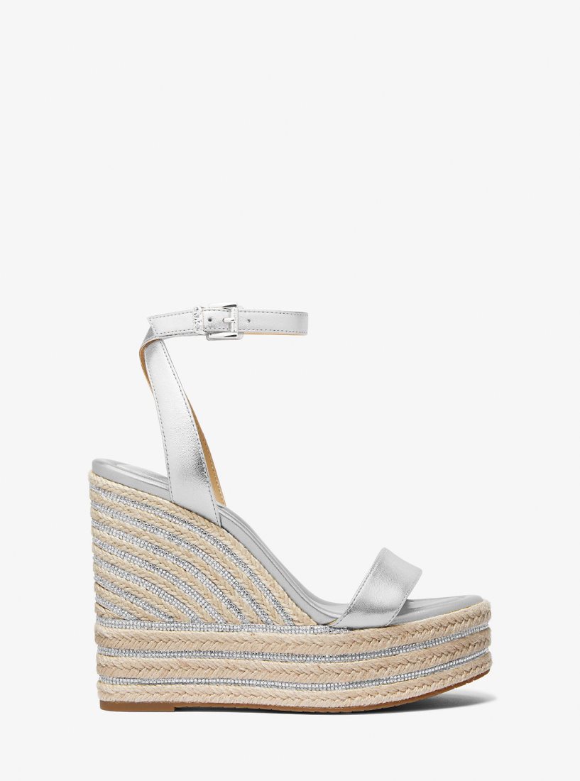 Michael Kors Leighton Metallic Leather Wedge Sandal Sandalet Kadın Gümüş | 723049-DAN