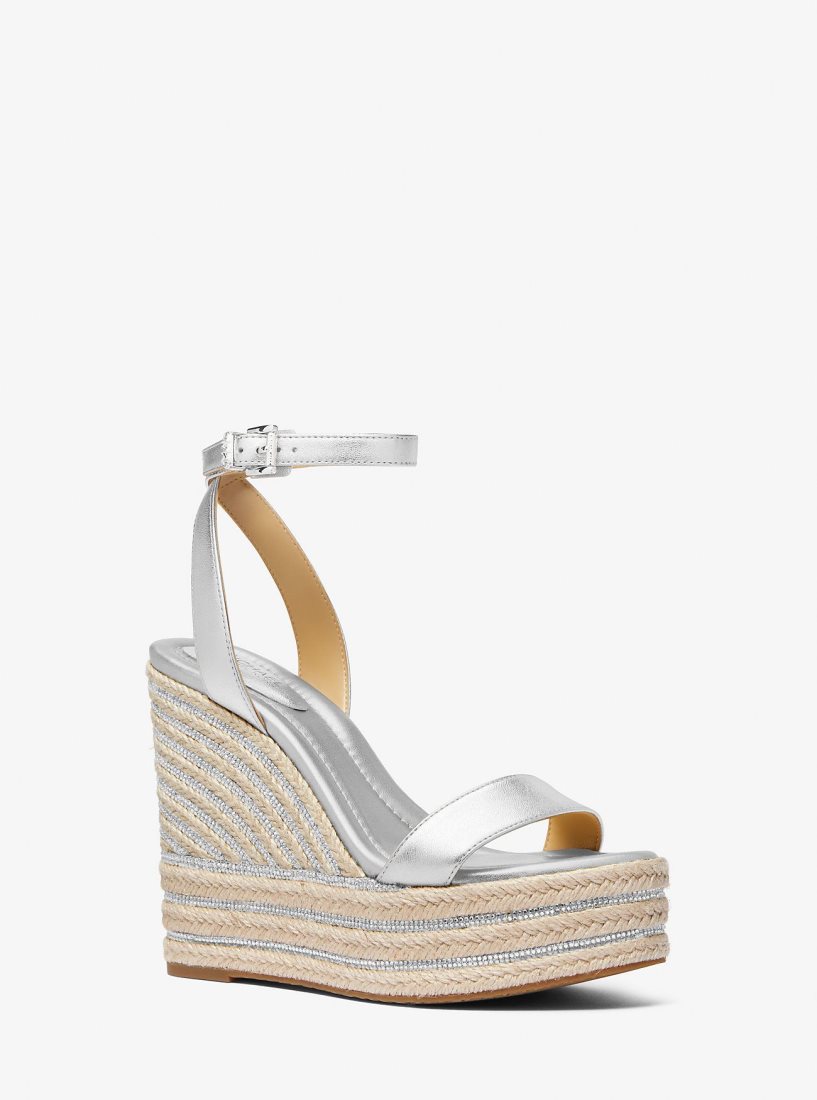 Michael Kors Leighton Metallic Leather Wedge Sandal Sandalet Kadın Gümüş | 723049-DAN