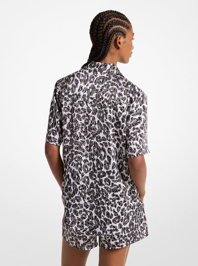 Michael Kors Leopard Logo Print Satin Camp Shirt Üstler Kadın Gri | 346519-GPY