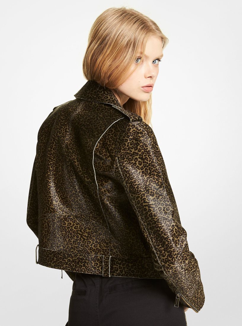 Michael Kors Leopard Print Calf Hair Moto Jacket Mont Kadın Zeytin Yeşili | 710953-RGT