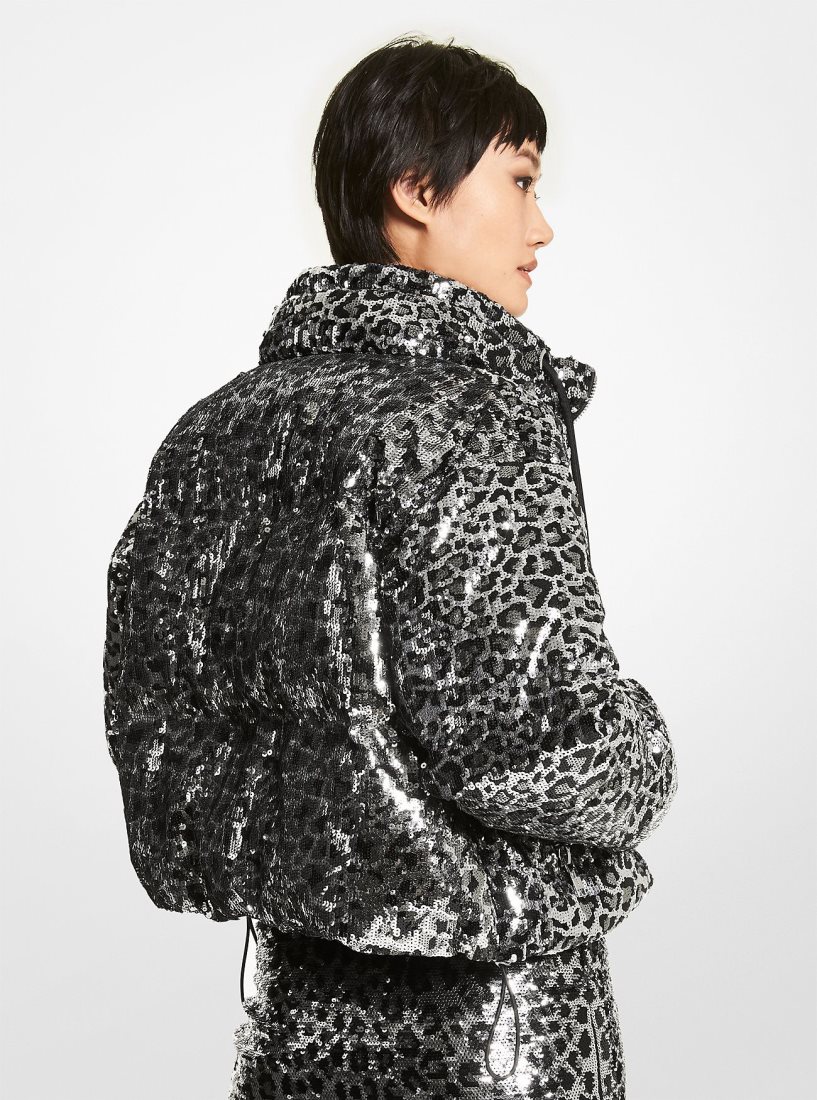 Michael Kors Leopard Sequined Cropped Puffer Jacket Mont Kadın Siyah | 065832-GYT