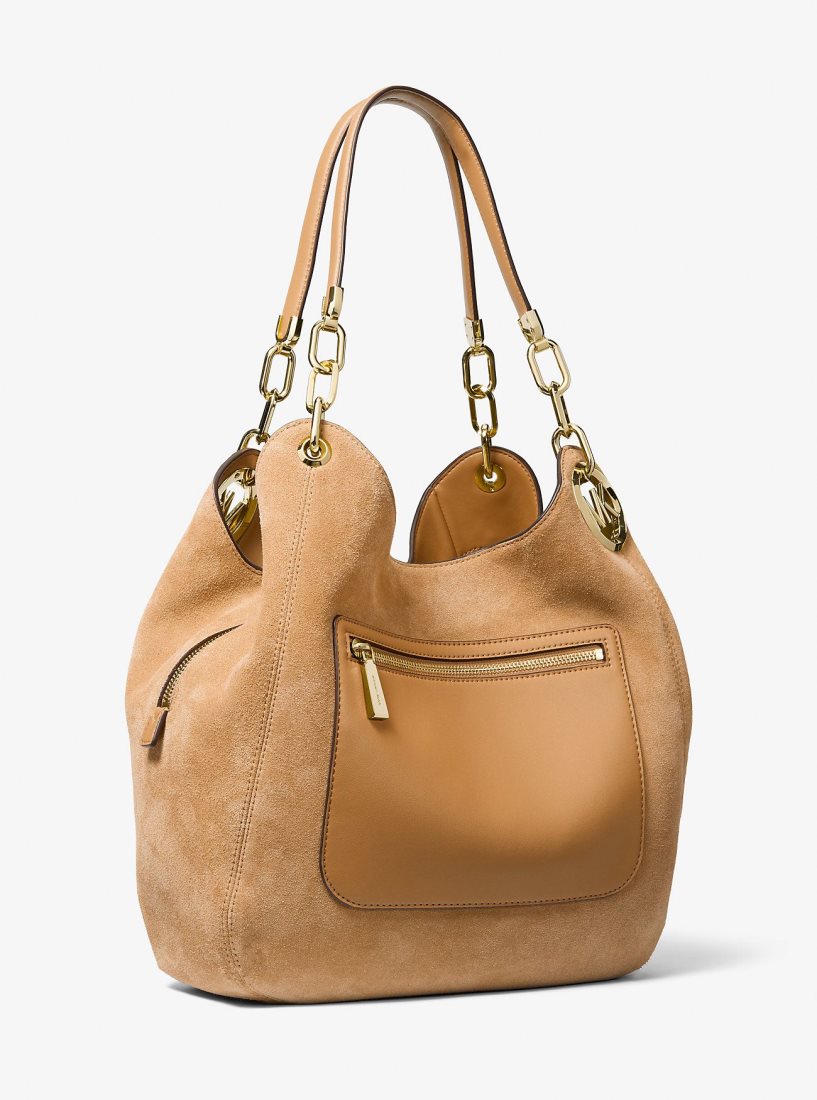 Michael Kors Lillie Large Suede Shoulder Bag Omuz Çantası Kadın Pale Peanut | 541723-GAF