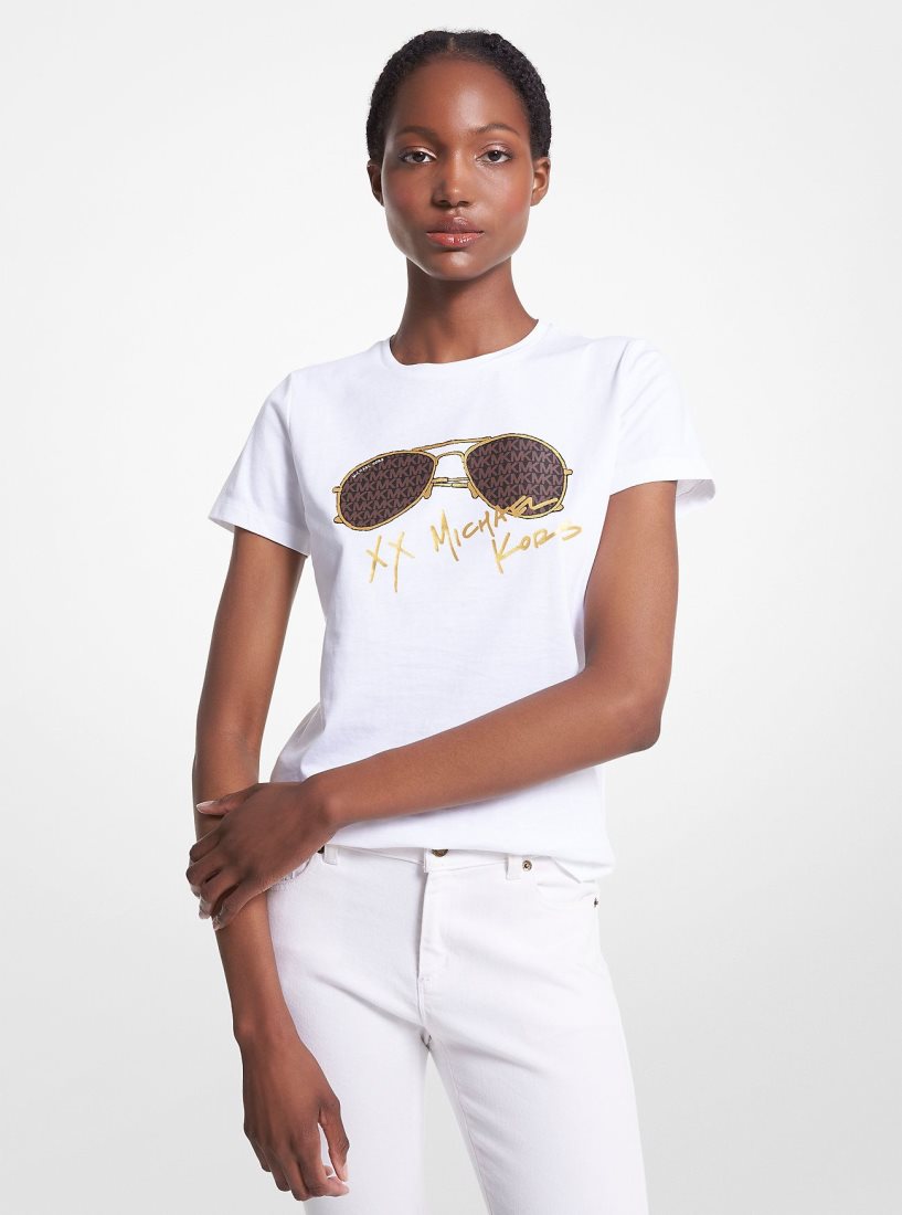 Michael Kors Logo Aviator Print Organic Cotton T-Shirt Gömlek Kadın Beyaz | 706285-YSV