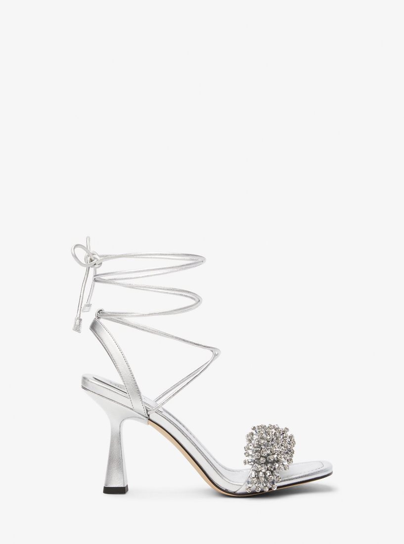 Michael Kors Lucia Embellished Metallic Leather Sandal Sandalet Kadın Gümüş | 053762-JNV