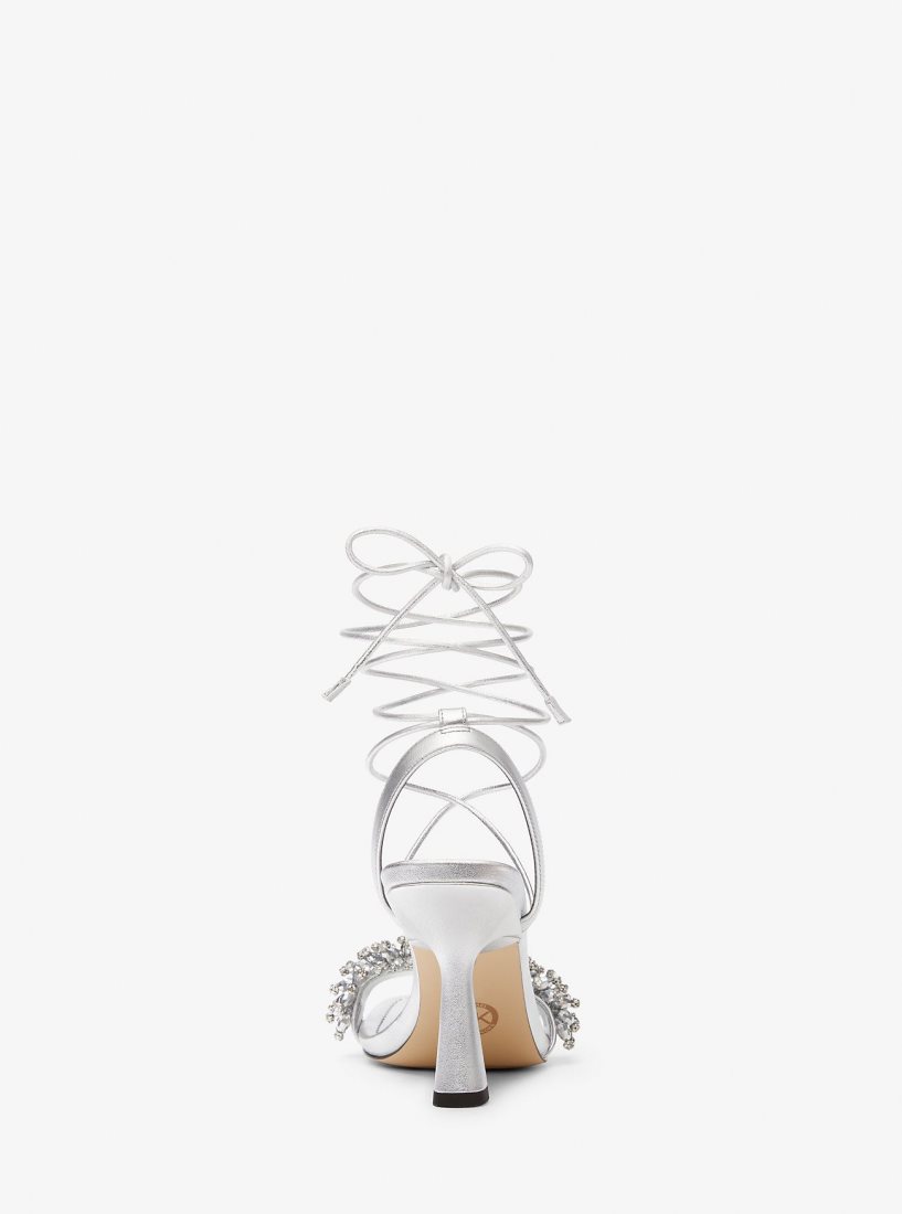 Michael Kors Lucia Embellished Metallic Leather Sandal Sandalet Kadın Gümüş | 053762-JNV