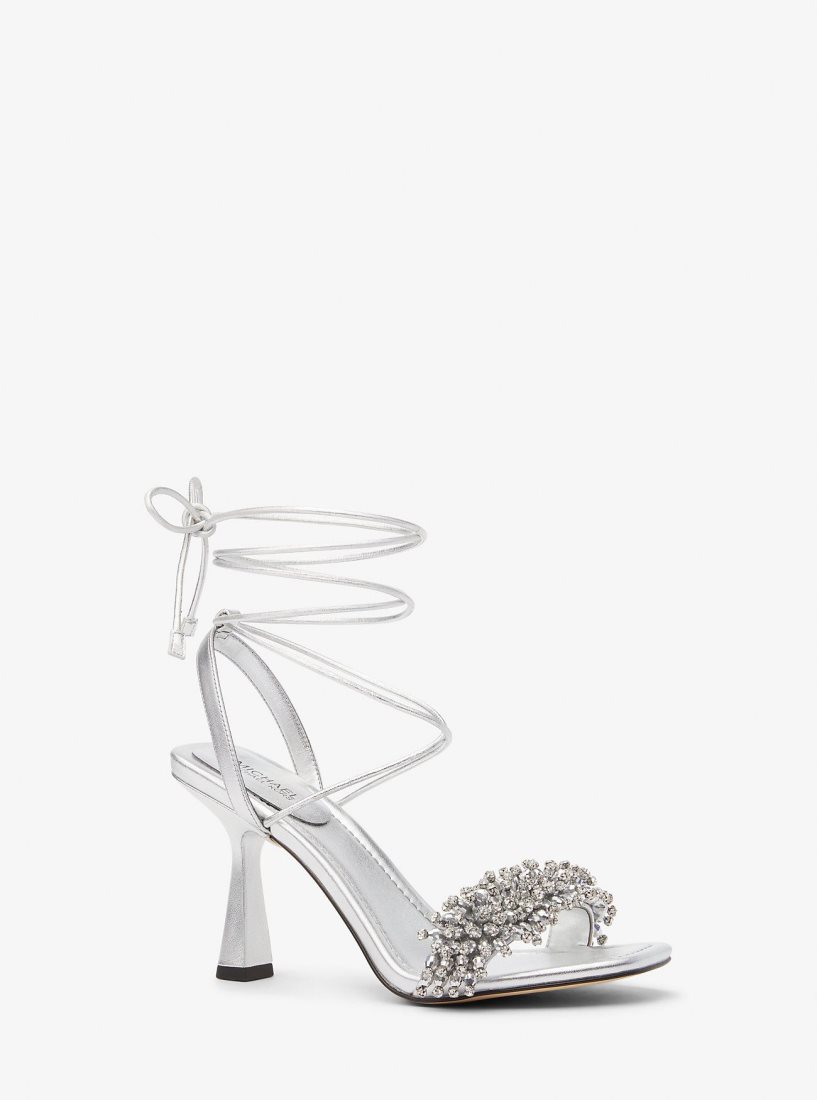 Michael Kors Lucia Embellished Metallic Leather Sandal Sandalet Kadın Gümüş | 053762-JNV